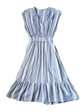 Rails Ashlyn Levanzo Striped Dress Sleeveless Smock Ruffle Blue Midi Linen Rayon
